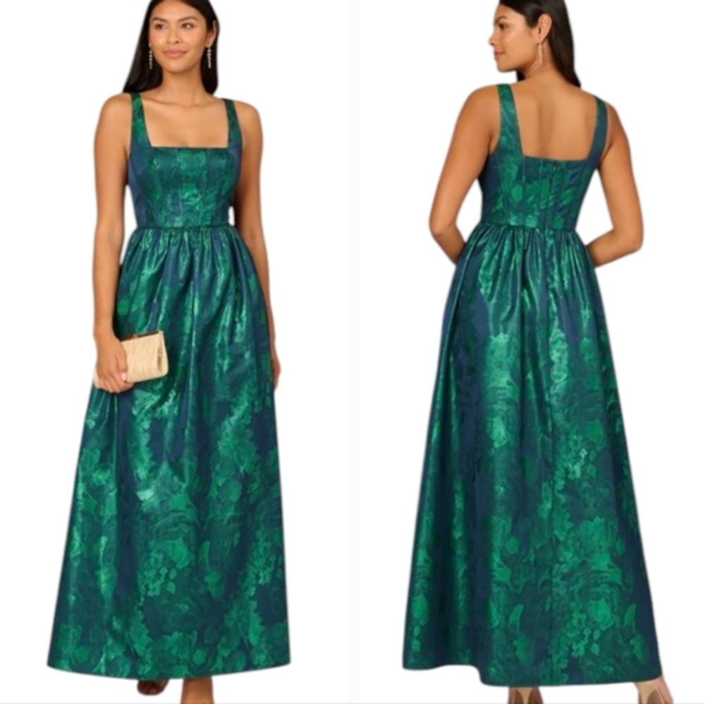 Aidan Mattox Green Floral Jacquard Gown Square Neck Sleeveless Formal Maxi Dress